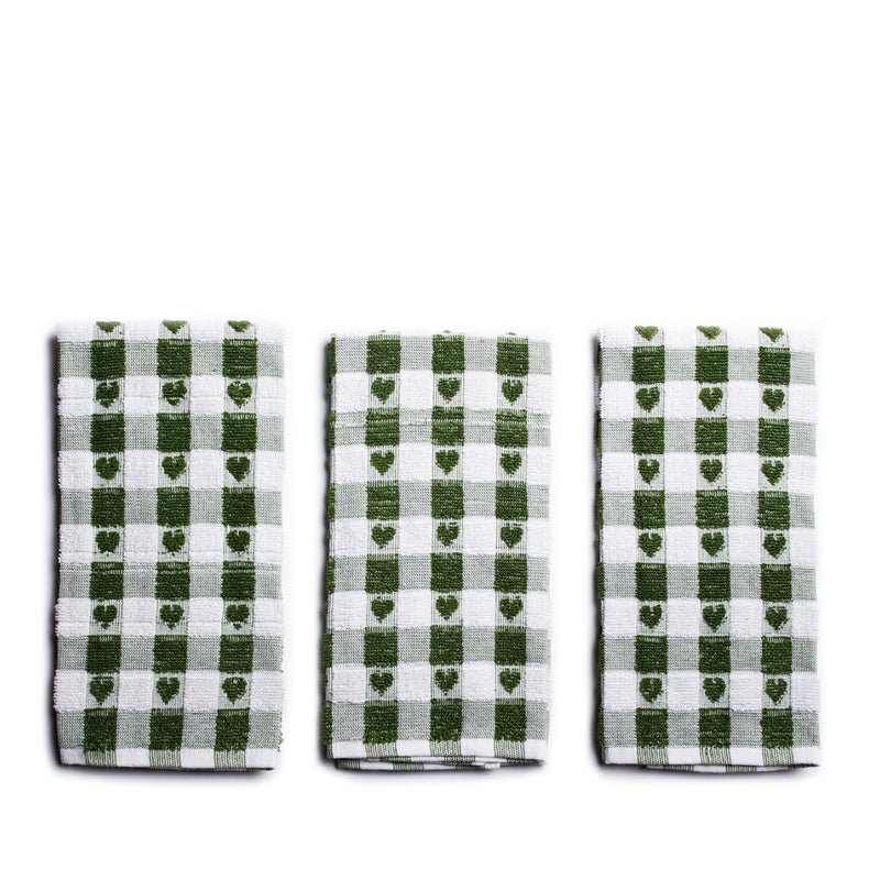 Set Of 3 Sage Heart Tea Towels